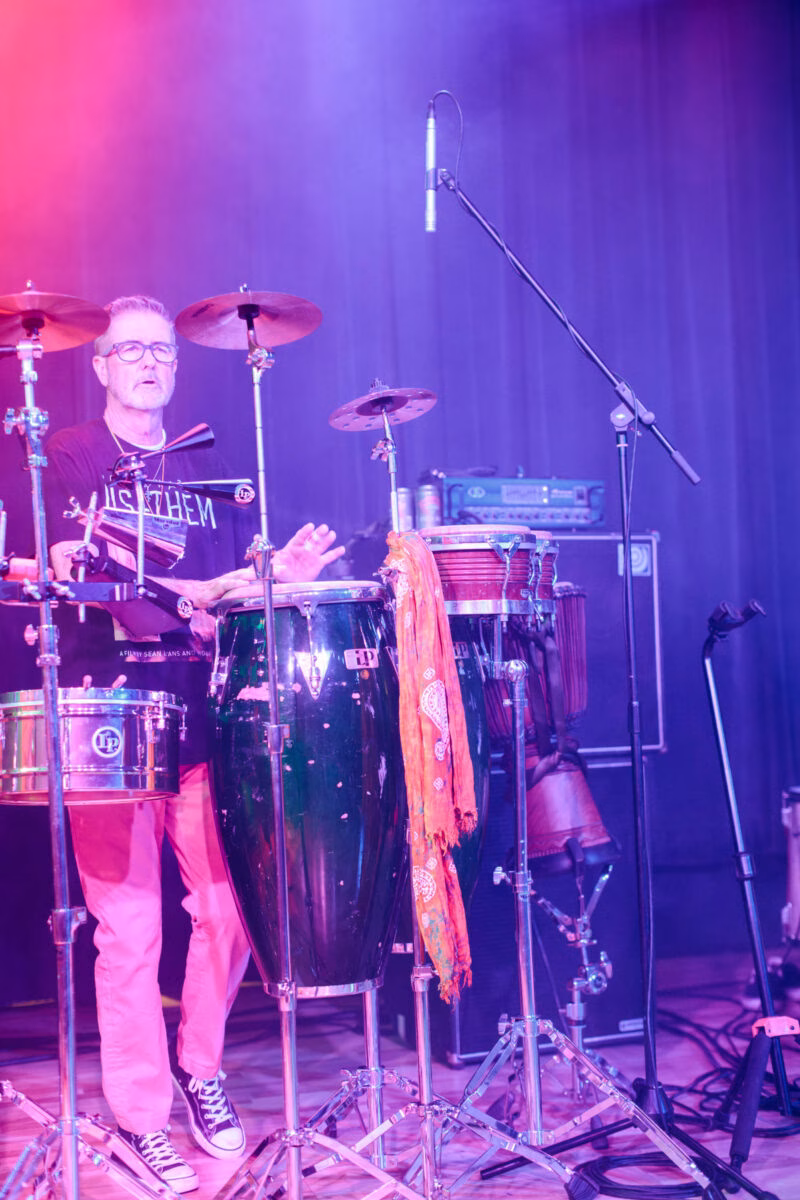Steve Haws performs on percussion with his band, The Funnels as they perform in The Big Room, 2024.